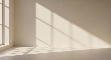 Minimalist interior bathed in warm morning light creating geometric shadows on a plain wall.
