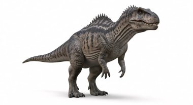 Bir Tyrannosaurus rex 'in detaylı bir modeli. İki ayak üzerinde duran, desenli derisi olan ve pençelerini telaffuz eden.