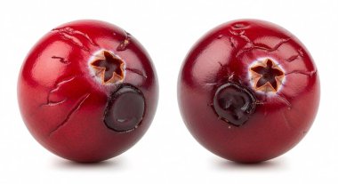 İki olgun kırmızı kızılcık temiz beyaz bir yüzeye yaklaşıyor..