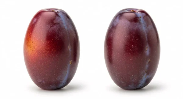 Basit bir stüdyo çekiminde, temiz beyaz arka planda parlak pürüzsüz derileri olan iki parlak mor erik taze meyveleri renklendirir.