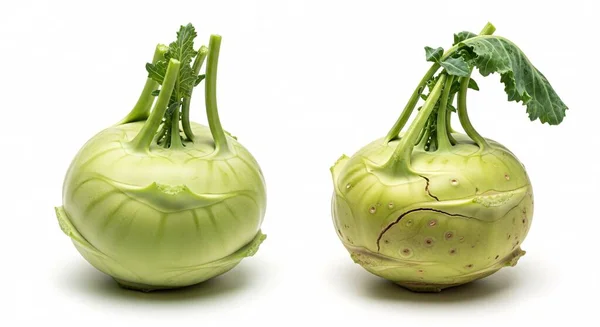 Temiz beyaz arka planda sapları olan iki taze şalgam, yemek için mükemmel yakın plan çekim ve tasarım.