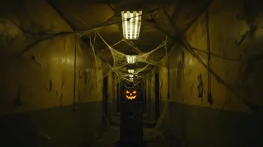 Işıldayan bir balkabağı sönük, terk edilmiş bir hastane koridorunda örümcek ağlarıyla örtülü duruyor..