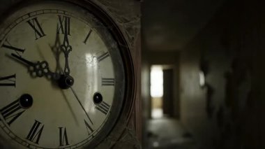 Çürüyen bir koridorda, terk edilmiş bir binada zamanın geçişini gösteren antika bir saat..