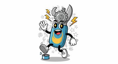 Beyin takımları ve kıvılcımlarla çalışan canlandırılmış batarya maskotu..