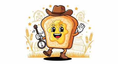 Kovboy şapkalı ve gitarlı parlak bir kadeh kaldırma karakteri.