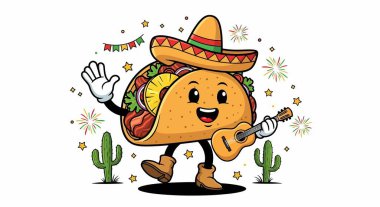 Çizgi filmdeki taco karakteri sombrero giymiş gitar tıngırdatıyor.