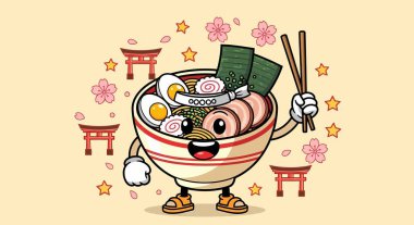 Gülümseyen yüzlü ve çubuklu neşeli antropomorfik ramen kasesi.