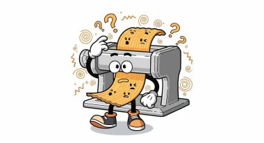 Çizgi film stili yazıcı karakteri, ayakkabı ve kollu kağıt baskı.