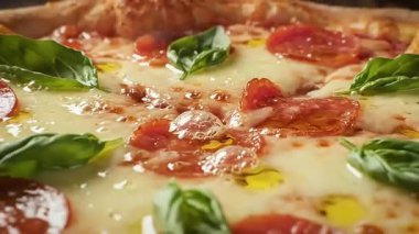 Yeni pişmiş pepperoni pizzasının malzemelerini ve kabuğunu gösteren yakın plan bir videosu. Video, pizzanın dokusunu yakalıyor. Erimiş peynir ve pepperoni dilimleri de dahil..