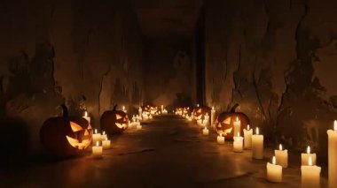 Fenerler ve mumlar karanlık, çürüyen bir koridoru aydınlatır ve ürkütücü bir Cadılar Bayramı atmosferi yaratır..