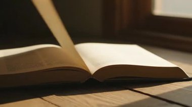 Tahta bir masanın üzerinde duran açık bir kitabı gösteren bir video. Sayfalar pencerenin yakınındaki güneş ışığında dönüyor. Sıcak ve davetkar bir atmosfer yaratıyor..