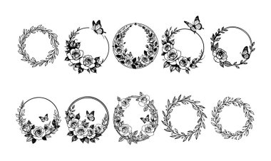 Elle çizilmiş çiçek çerçeve kümesi