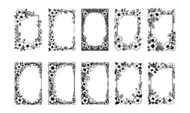 Elle çizilmiş çiçek çerçeve kümesi