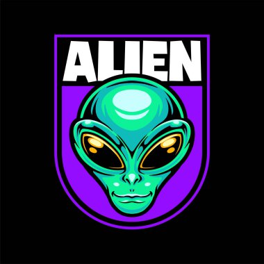 Uzaylı Başı Rozet Maskot Logosu Tasarımı. Yeşil Dünya Dışı Bilim Kurgu İllüstrasyonu