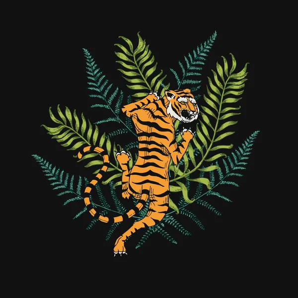 Tigres japoneses con hojas tropicales. Animal salvaje con plantas verdes. Banner o póster para publicidad o web. — Vector de stock