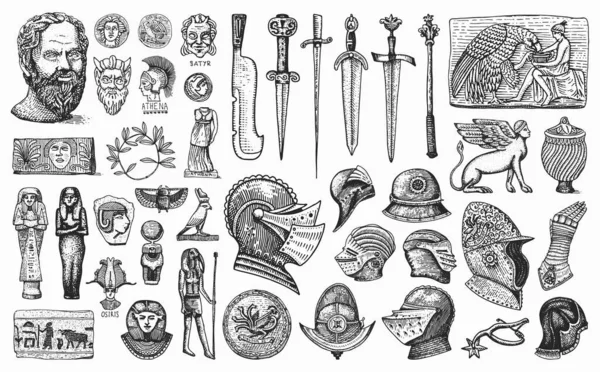 Éléments anciens. Armes et armures chevaliers. Vases égyptiens, momie et sarcophage. Anciennes statues et épées. Inventaire du musée. Croquis dessiné à la main. Illustration gravée de vieux vecteurs. — Image vectorielle