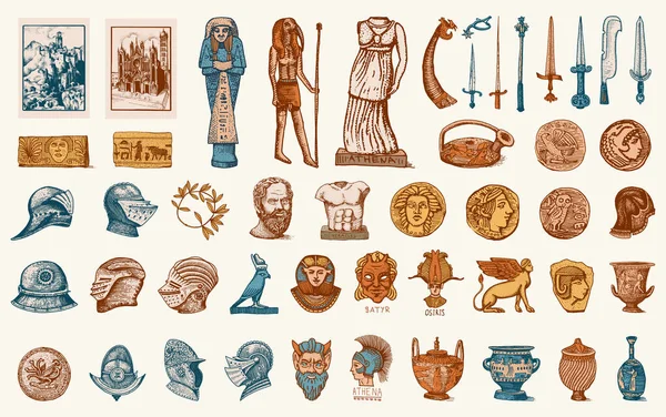 Antieke elementen. Ridderlijke wapens en pantser. Egyptische vazen, mummie en sarcofaag. Oude standbeelden en zwaarden. Museum inventaris. Met de hand getekend. Oude vectorillustratie gegraveerd. — Stockvector