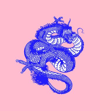 Japon ejderhası. Mitolojik hayvan ya da geleneksel Asya sürüngeni. Dövme ya da etiket sembolü. Oymalı el çizimi sanat eseri. Eski monokrom çizimi, mürekkep. Vektör illüstrasyonu.