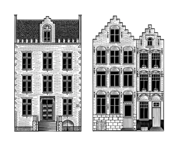 Дома в Амстердаме Городские жилые дома. Скандинавский стиль. Европейский город. Ручная рисованная монохромная векторная иллюстрация — стоковый вектор