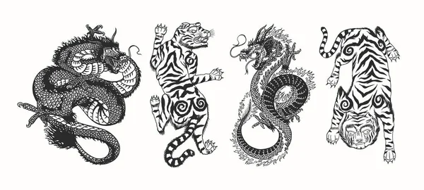 Японский дракон Азиатский японский тигр. Мифологическое животное или традиционная рептилия. Символ татуировки или ярлыка. Гравированный ручной рисунок Винтажный старый монохромный эскиз, чернила. Векторная иллюстрация. — стоковый вектор
