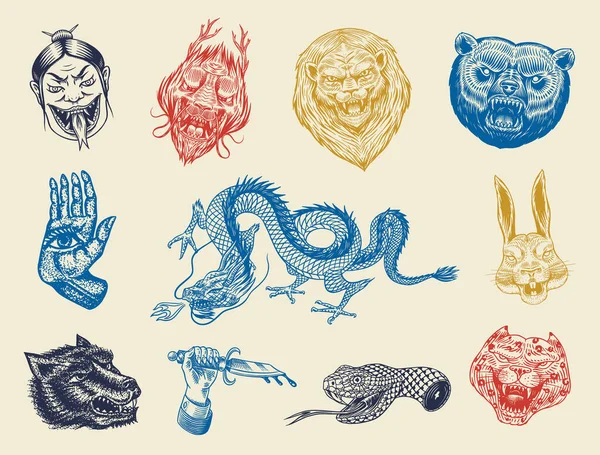 Ensemble de patchs Mode. Création de tatouage. Dragon ours lion serpent poignard lièvre. Dessiné à la main Gravé dans un vieux croquis vintage. Illustration vectorielle surréaliste, badges, imprimé pour t-shirt. — Image vectorielle