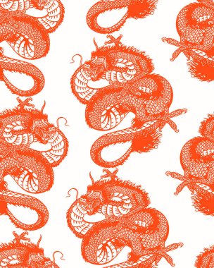 Japon ejderhası. Kusursuz desen. Mitolojik hayvan ya da Asyalı sürüngen posteri ya da afişi. Dövme ya da etiket sembolü. Oymalı el çizimi, eski klasik monokrom çizimi. Vektör illüstrasyon arkaplanı 