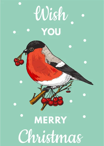 God jul, fanan. Nyårsetikett. Affischmall. Bullfink fågel för vintage klistermärke Flyer eller etiketter. Graverad handritad skiss — Stock vektor