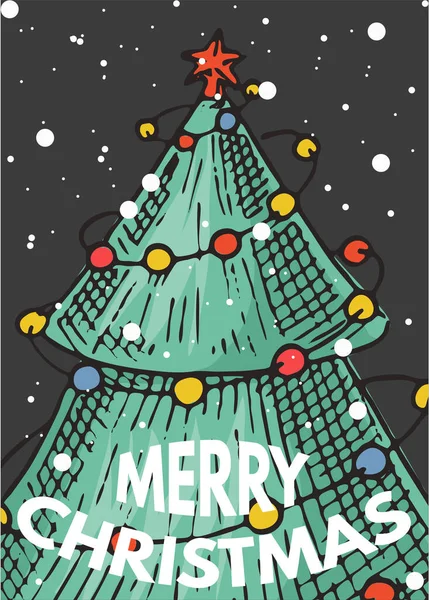 God jul, fanan. Gröna träd med kransar. Nyårsetikett. Affischmall. Vintage klistermärke Flyer eller etiketter. Graverad handritad skiss — Stock vektor