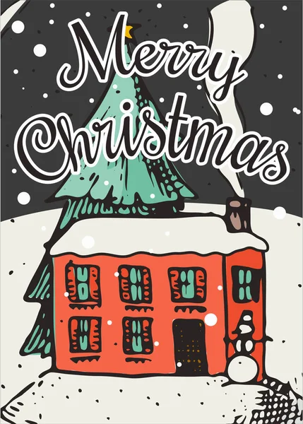 God jul, fanan. Nyårsetikett. Affischmall. Snö hus med träd för vintage klistermärke Flyer eller etiketter. Graverad handritad skiss — Stock vektor