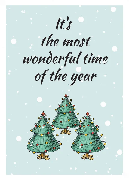 Merry Christmas banner. Green trees with garlands. New Year sticky label. Poster template. Vintage sticker Flyer or labels. Engraved hand drawn sketch Royalty Free Stock Illustrations