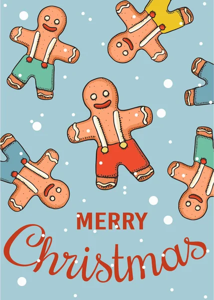 God jul, fanan. Nyårsetikett. Affischmall. Pepparkakor för vintage klistermärke Flyer eller etiketter. Graverad handritad skiss — Stock vektor