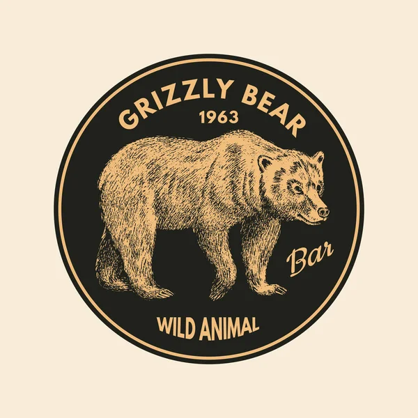 Wild animals stickers in vintage style. Forest Brown grizzly bear. Retro monochrome badge or label. Northern European Beasts. Hand drawn sketch. Stock Vector