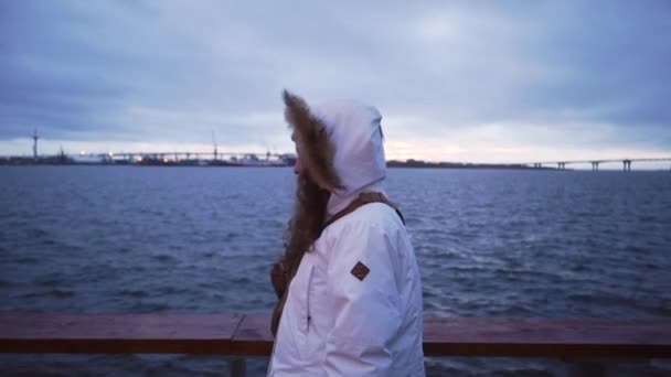 Mer nuageuse norvégienne. La fille profite de la vue. Paysage marin scandinave Foggy. Paysage dramatique nuageux. Heure bleue — Video