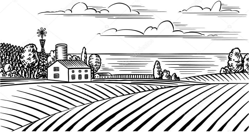 Rural meadow. Village landscape with cows, hills and a farm. Sunny scenic view. Hand drawn engraved sketch. Vintage banner for wooden sign or badge or label. Vector illustration