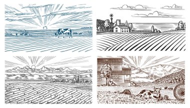 Rural meadow. A village landscape with cows, hills and a farm. Sunny scenic country view. Hand drawn engraved sketch. Vintage rustic banner for wooden sign or badge or label. clipart