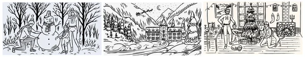 Winterlandschaft mit Bergen und Schnee. Zu Weihnachten bastelt die Familie einen Schneemann. Baum und gemütliche Atmosphäre. Handgezeichnete Skizze. Vintage gestochene Skizze. Vektorillustration. — Stockvektor