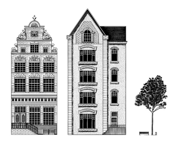 Amsterdam evleri. Şehir konutları. İskandinav tarzı. Avrupa şehri. El çizimi monokrom karalama vektörü çizimi — Stok Vektör