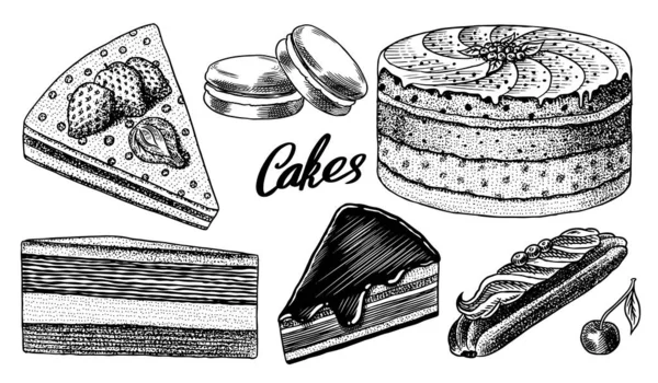 Sütemények és krémtorták, gyümölcsdesszertek és muffinok. Csokis fánk, édes kaja. Kézzel rajzolt sütemények. Vintage vésett vázlat. Vektor illusztráció egy banner vagy menü egy kávézó és étterem. — Stock Vector
