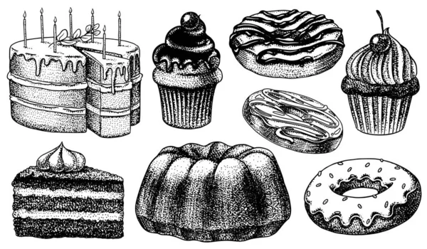 Bolos e tortas de creme, sobremesas de frutas e muffins. Donuts de chocolate, comida doce. Doces desenhados à mão. Esboço gravado vintage. Ilustração vetorial para uma bandeira ou menu de um café e restaurante. — Vetor de Stock