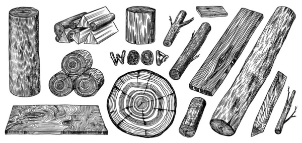 Dřevěný set. Prkna a klády, dřevo a řezy, dřevo na podpal ve starém stylu. Kousky stromu. Vektorová iluze pro tabuli, štítky, logo nebo banner. Materiál na táborák. Rytá ručně kreslená kresba. — Stockový vektor