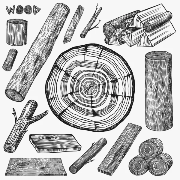 Wood set. Planks and logs, lumber and Cuts, Firewood in vintage style. Pieces of Tree. Vector illusion for signboard, labels, logo or banner. Campfire material. Engraved Hand drawn sketch. — Stock Vector