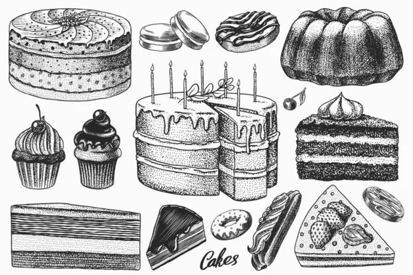 Τούρτες και τάρτες κρέμας, γλυκά φρούτων και muffins. Ντόνατς σοκολάτα, γλυκό φαγητό. Χειροποίητα γλυκά. Κλασικό σκαλιστό σκίτσο. Εικονογράφηση διανύσματος για banner ή μενού καφετέριας και εστιατορίου. — Διανυσματικό Αρχείο