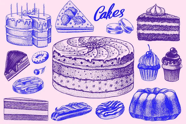 Gâteaux et tartes à la crème, desserts aux fruits et muffins. Donuts au chocolat, Sweet Food. Pâtisseries dessinées à la main. Croquis gravé vintage. Illustration vectorielle pour une bannière ou un menu d'un café et d'un restaurant. — Image vectorielle