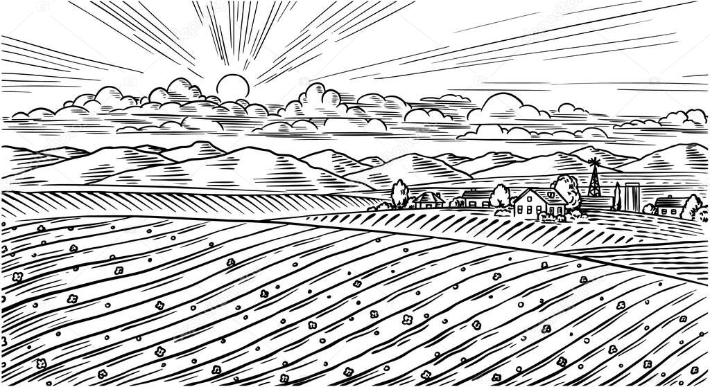 Rural meadow. Village landscape with cows, hills and a farm. Sunny scenic view. Hand drawn engraved sketch. Vintage banner for wooden sign or badge or label. Vector illustration