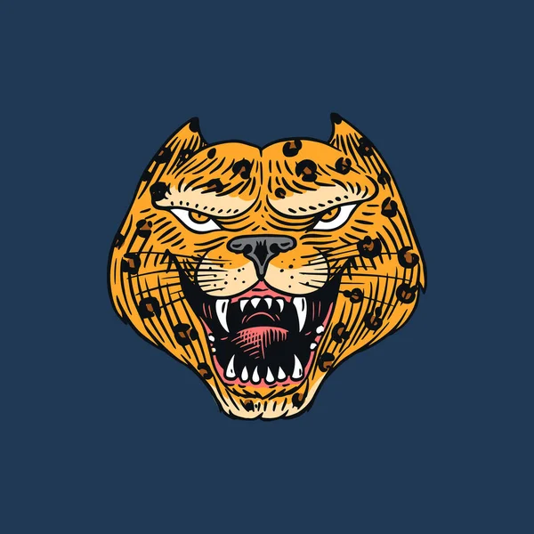 Gritando leopardo louco ou pantera para tatuagem ou etiqueta. Besta rugindo. Animal em estilo retrô. Gravado mão desenhada linha arte Vintage velho esboço monocromático. Ilustração vetorial. —  Vetores de Stock