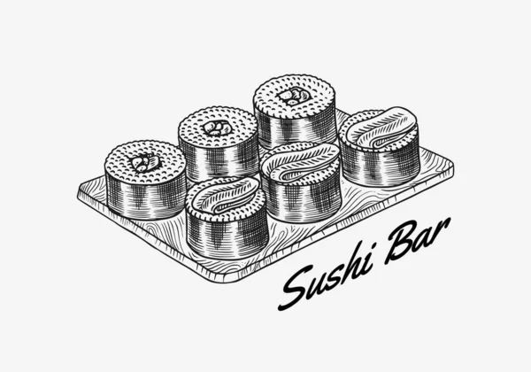 Japansk mat. Sushi bar eller rullar inställd. Vektorillustration för asiatisk restaurang. Handritad graverad skiss för menyn. Enfärgad stil. Vektorillustrationer — Stock vektor
