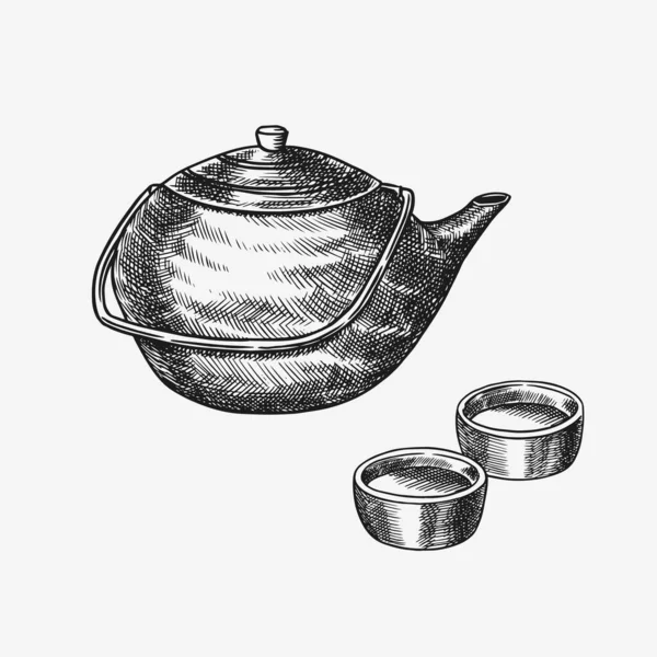 Japanische Teeparty. Teekanne und traditionelle Schalen vorhanden. Handgezeichnete gestochene Skizze für das Menü. Monochromer Stil. Vektorillustrationen — Stockvektor