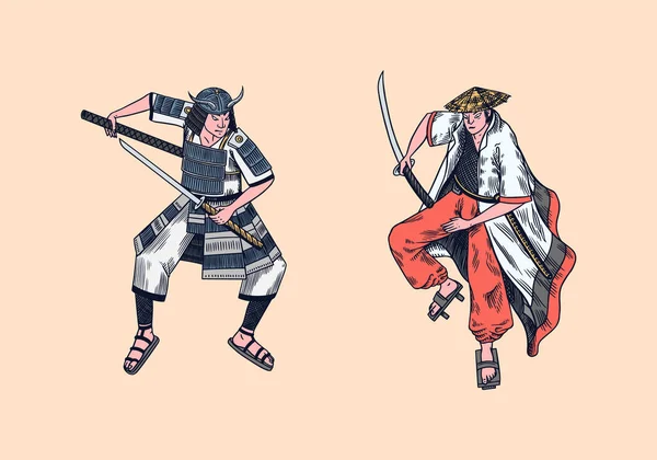 Japoński samuraj. Wojownicy ze skeczem o broni. Mężczyźni w pozycji do walki. Ręcznie rysowane klasyczne szkice. Ilustracja wektora w monochromatycznym stylu. — Wektor stockowy