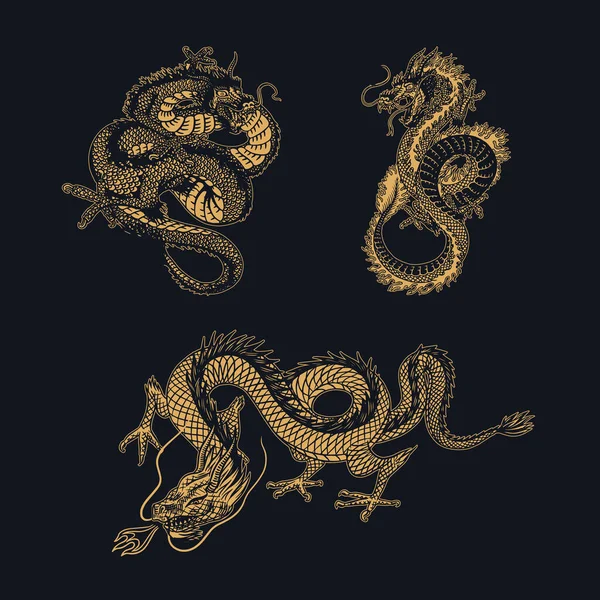 Dragon japonais. Animal mythologique ou reptile traditionnel asiatique. Symbole pour tatouage ou étiquette. Gravé à la main dessiné art de ligne Vintage vieux croquis monochrome, encre. Illustration vectorielle. — Image vectorielle