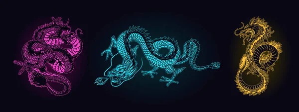 Drago giapponese al neon. Animale mitologico o rettile tradizionale asiatico. Simbolo per tatuaggio o etichetta. Linea incisa a mano arte Vintage vecchio schizzo monocromatico, inchiostro. Illustrazione vettoriale. — Vettoriale Stock